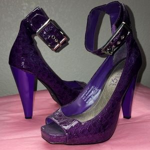 Purple Croc Pattern Block Heel High Heels